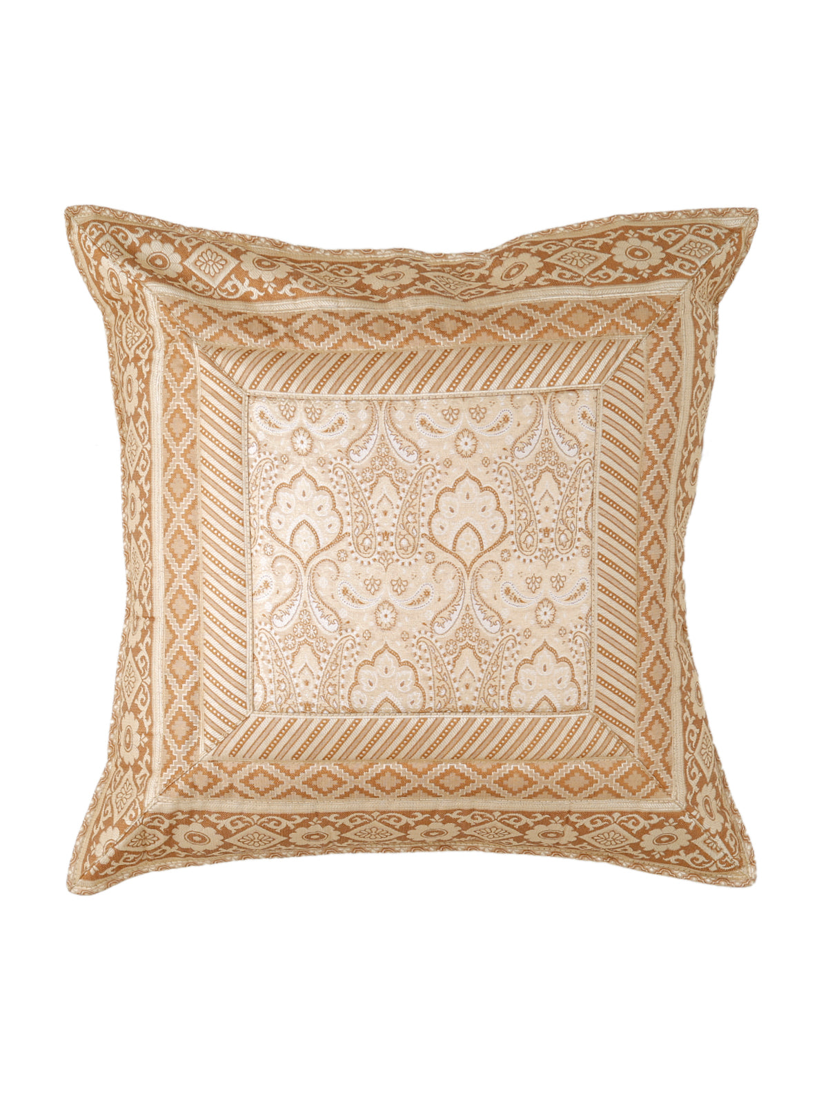 Cream and gold brocade polysilk cushion cover with a woven paisley panel and wide border