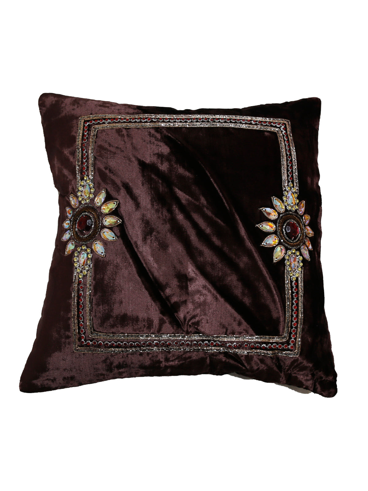 Deep brown velvet cushion cover with beaded floral medallions in a beige embroidered border