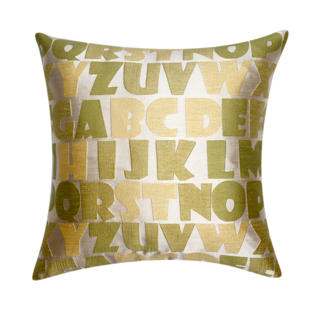 Olive green art silk cushion cover with a gold foil alphabet letter print