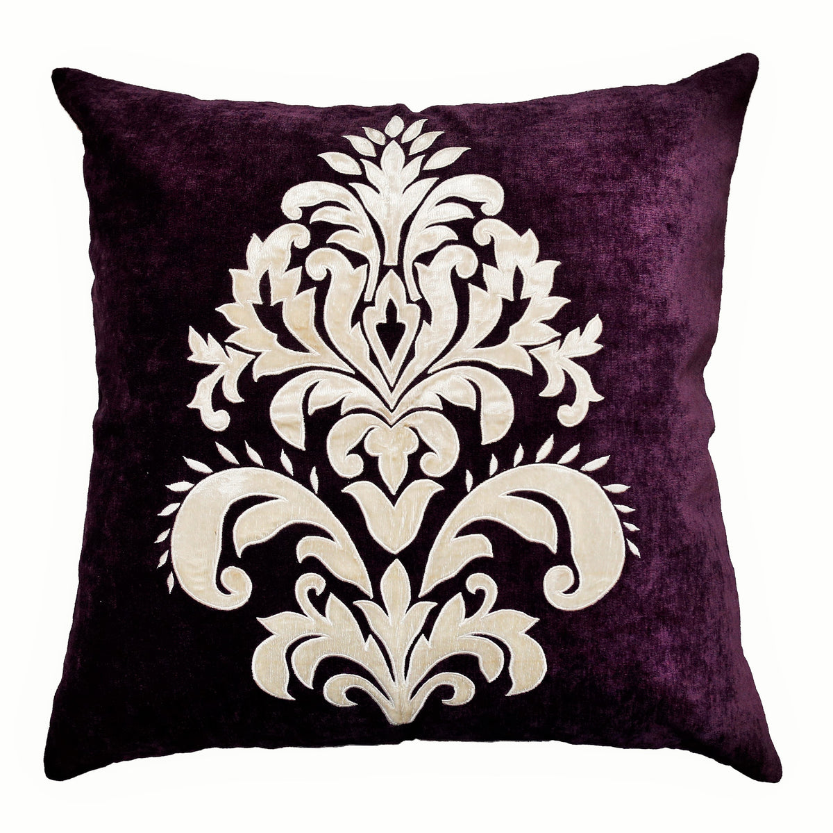 Deep aubergine velvet cushion cover with a large ivory damask motif appliqued onto the fabric