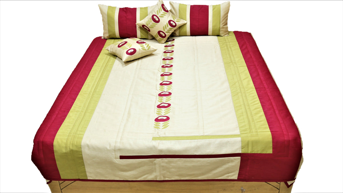 Cream and crimson quilted bedcover set with the centre panel and embroidered motif shown