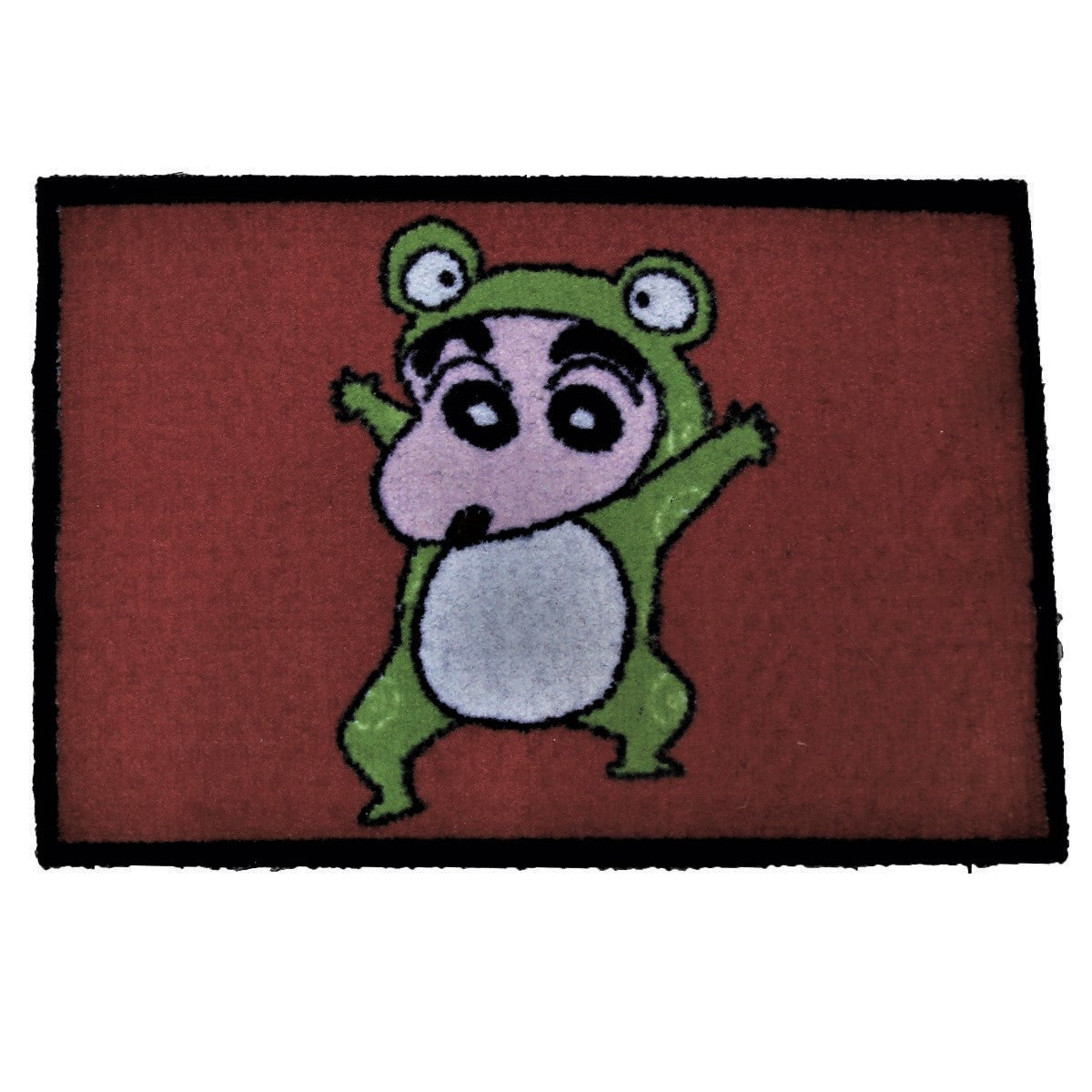Red kids play mat with a cartoon boy in a green frog costume, shown flat, 40x60 cm