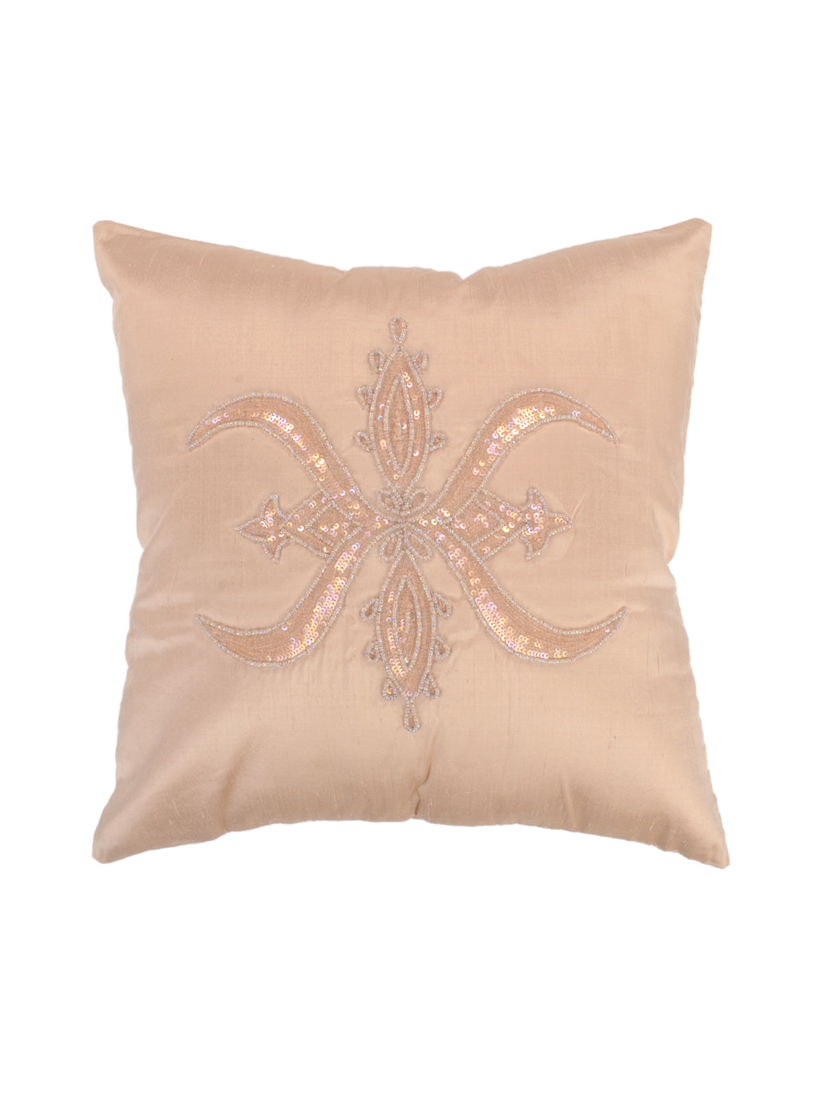 Blush beige dupion silk cushion cover with a pale sequin ornamental motif at the centre