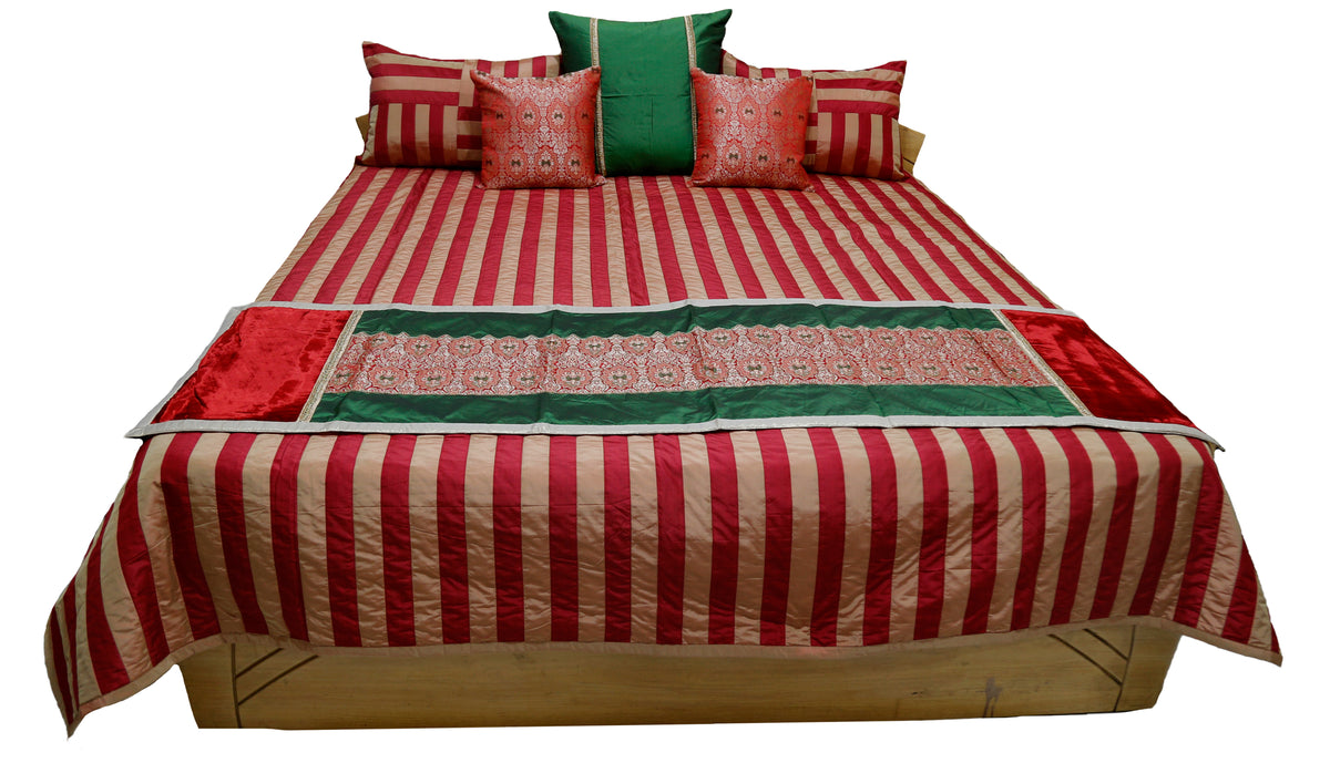 Red and cream striped double bedcover, front view showing the brocade runner and cushion set