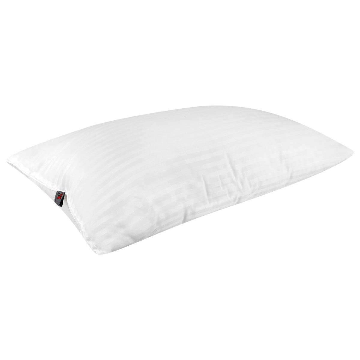 White satin stripe pillow insert lying flat with the brand tag on the seam