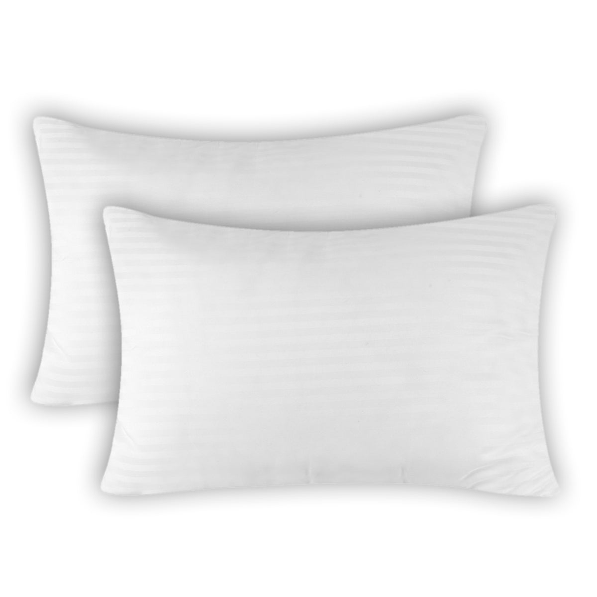 Two white satin stripe pillow inserts stacked one behind the other