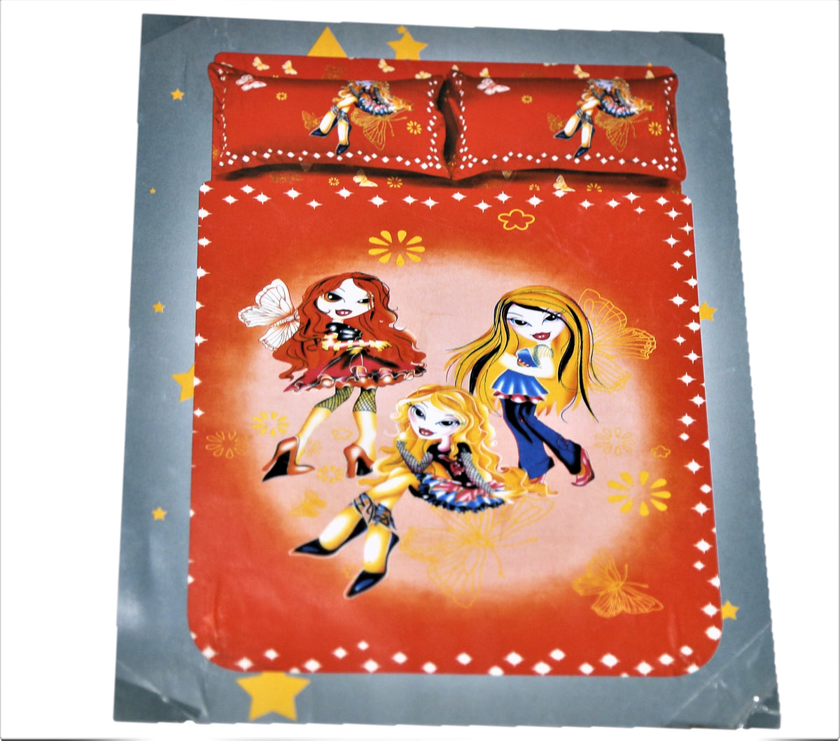 Rust-orange cartoon fashion-doll printed bedsheet set with matching pillow covers and star motifs, for a kids' bed