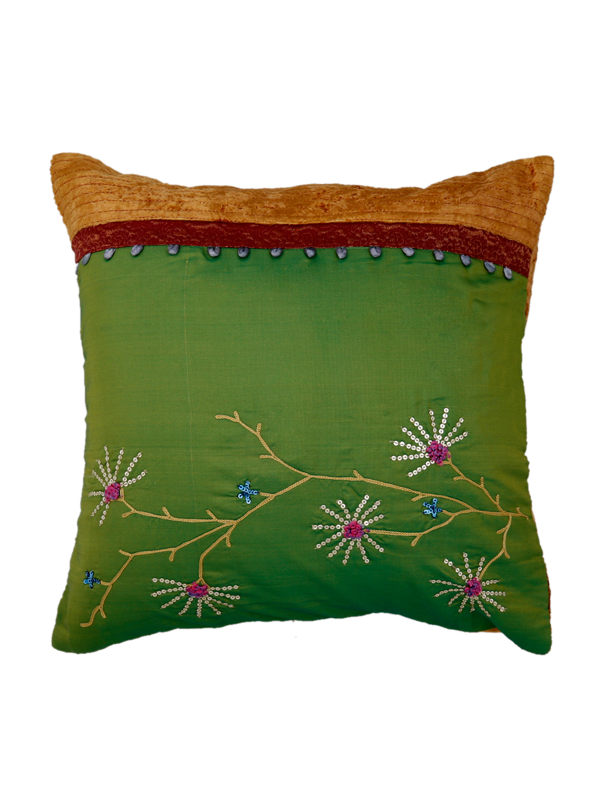 Olive green silk cushion cover embroidered with pink daisy sprays under a gold velvet band