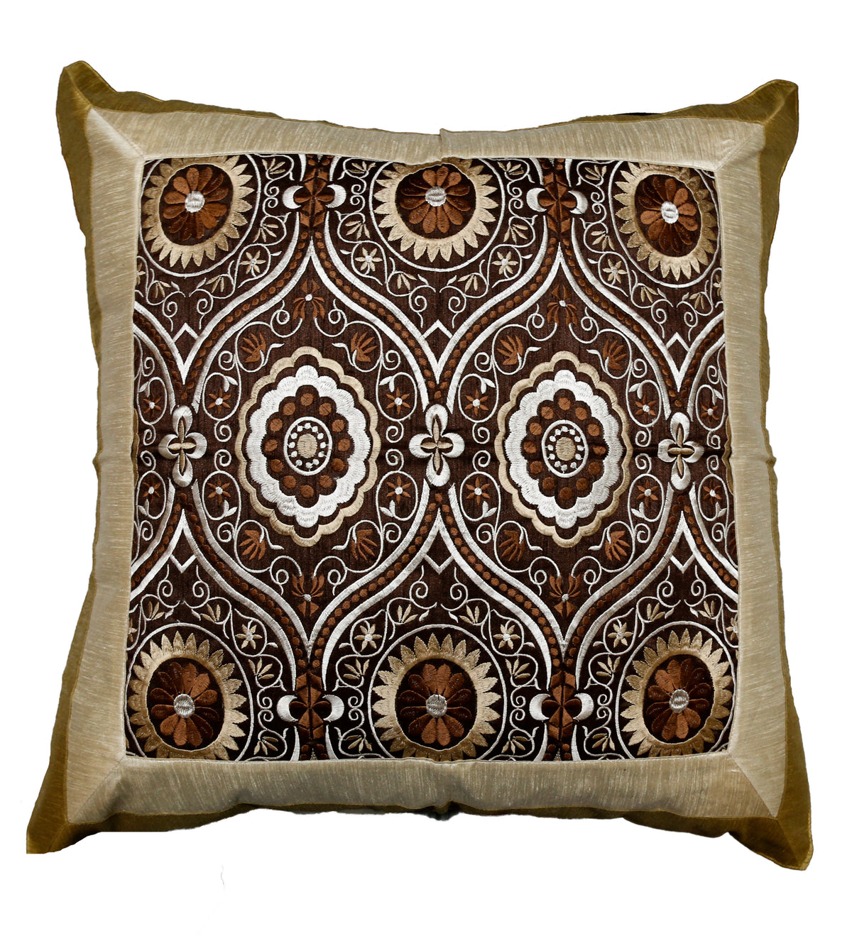 Dark brown cushion cover with a beige-cream embroidered ogee medallion pattern and beige-gold border
