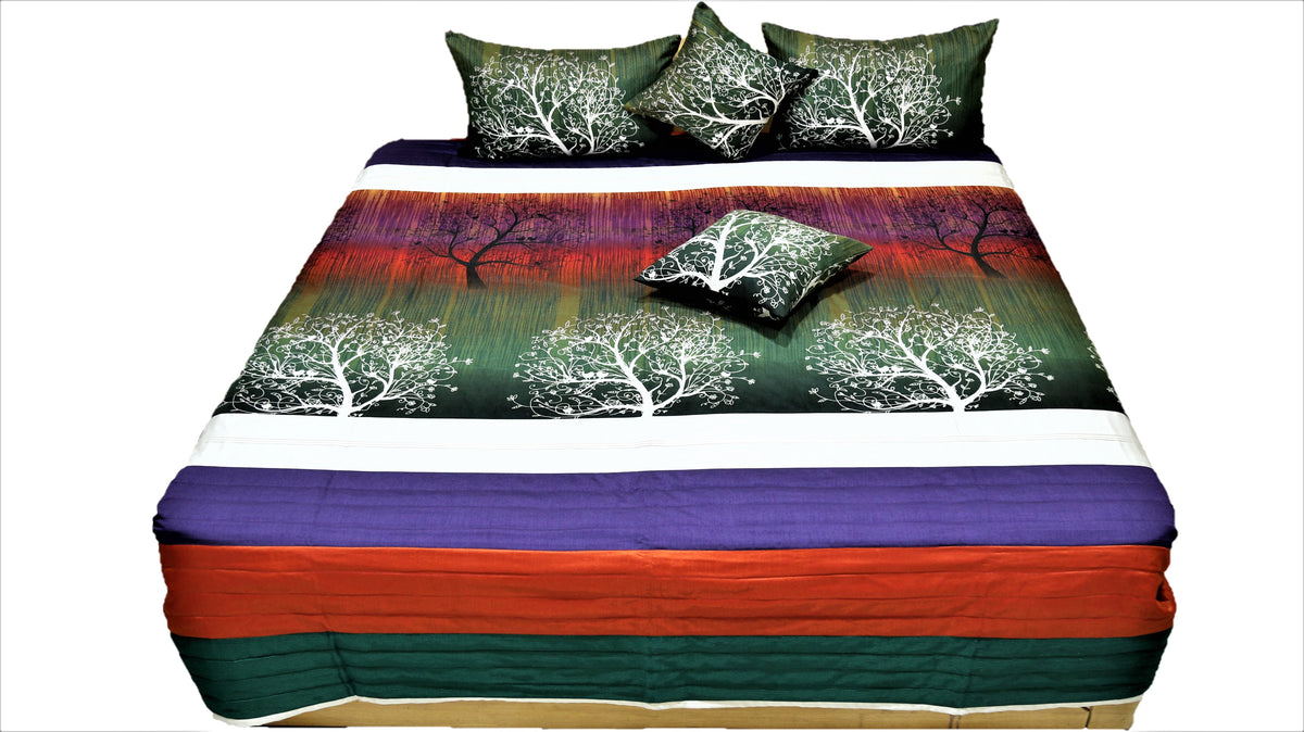 Tree of life printed bedcover with matching pillow and cushion covers, straight view