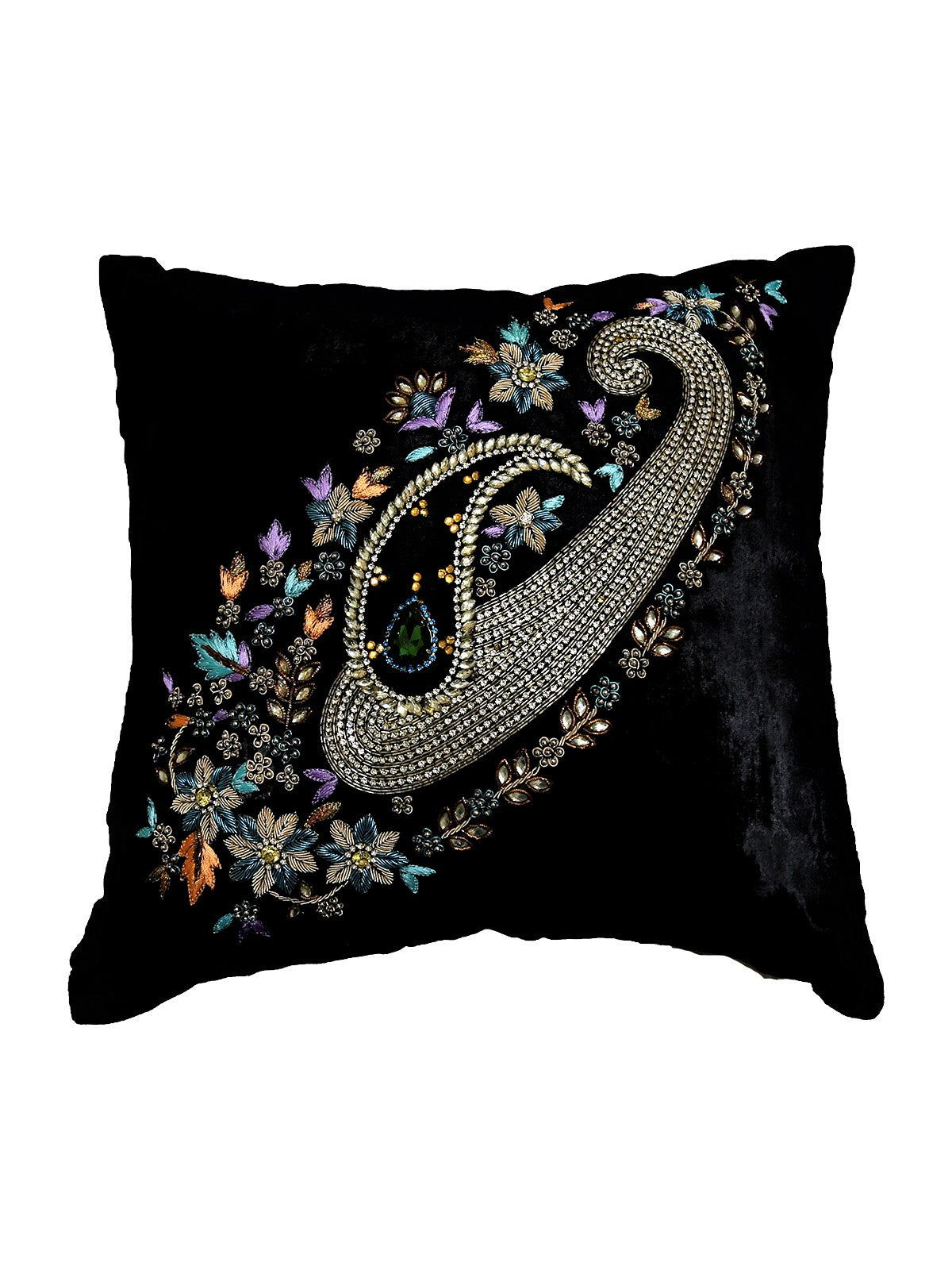 Black velvet cushion cover with a large diagonal beaded paisley motif in silver, gold and pearl, set with a green stone and floral bead embroidery