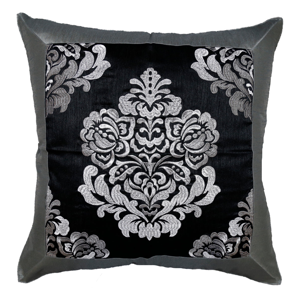 Black velvet cushion cover with a large grey-silver embroidered damask medallion, framed by a solid grey border