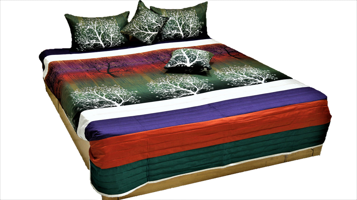 Tree of life printed cotton bedcover with purple and rust pleated borders, angled view