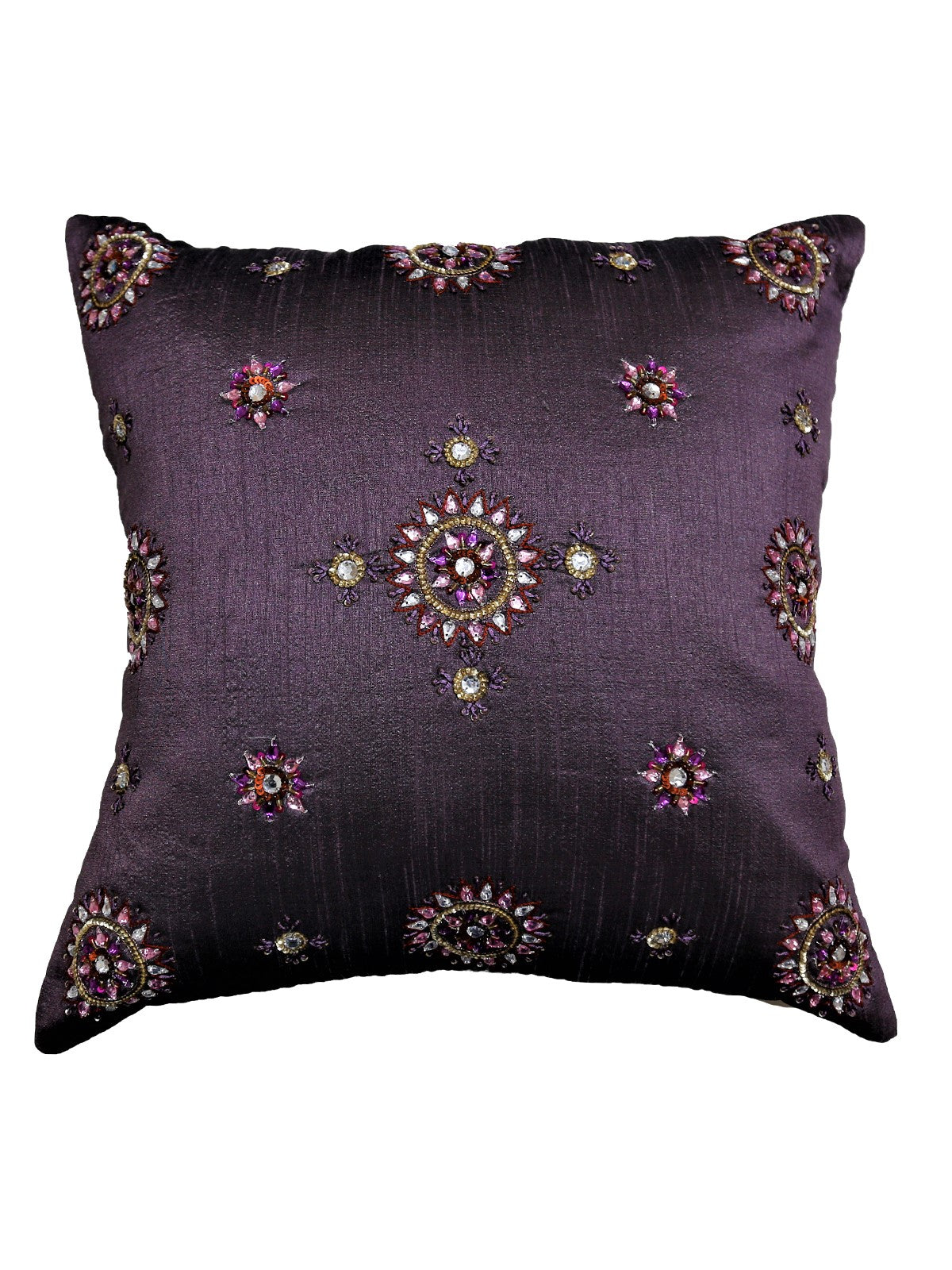 Deep plum cushion cover with beaded floral star medallions in silver and pink stones