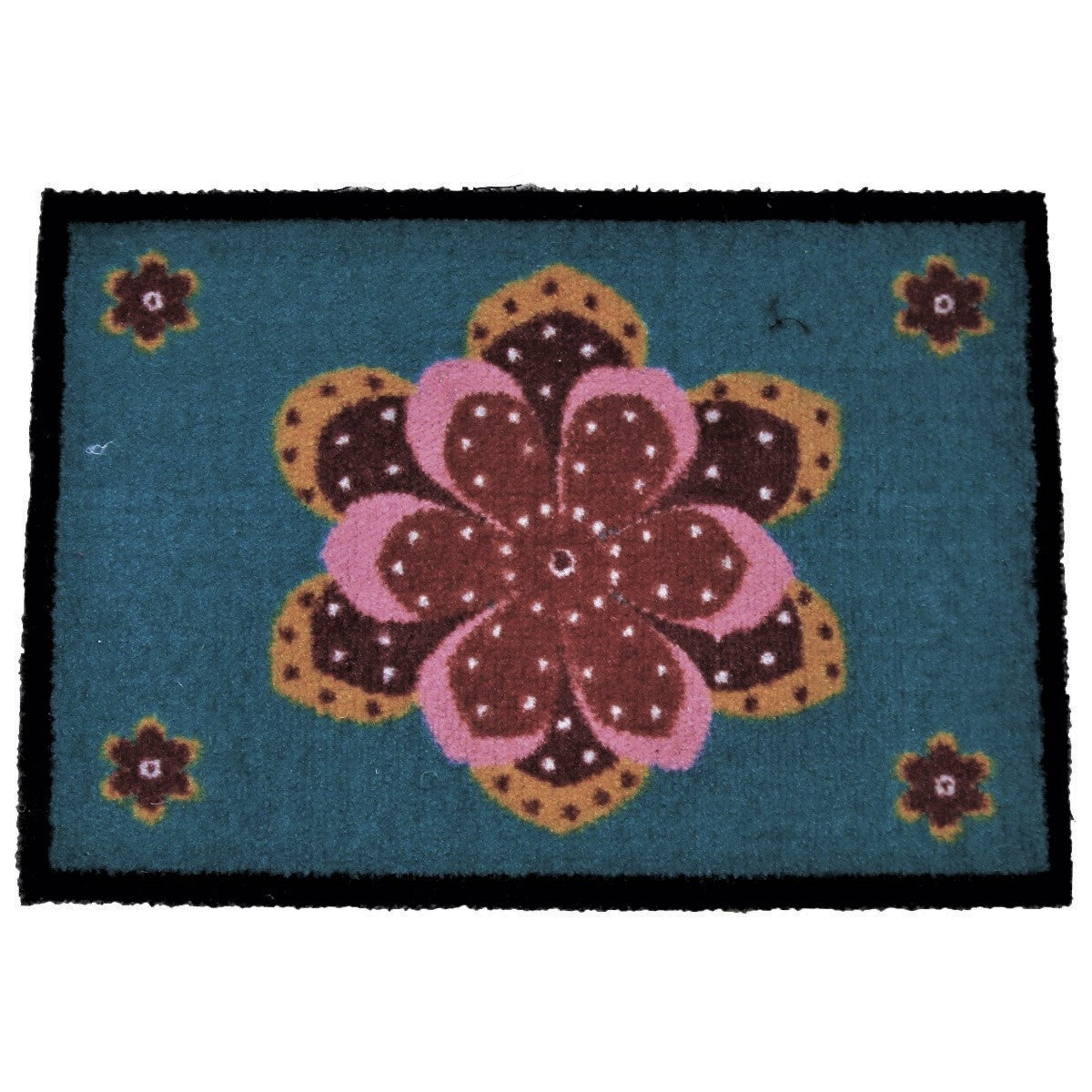 Teal kids play mat with a mandala flower motif, shown flat, 40x60 cm