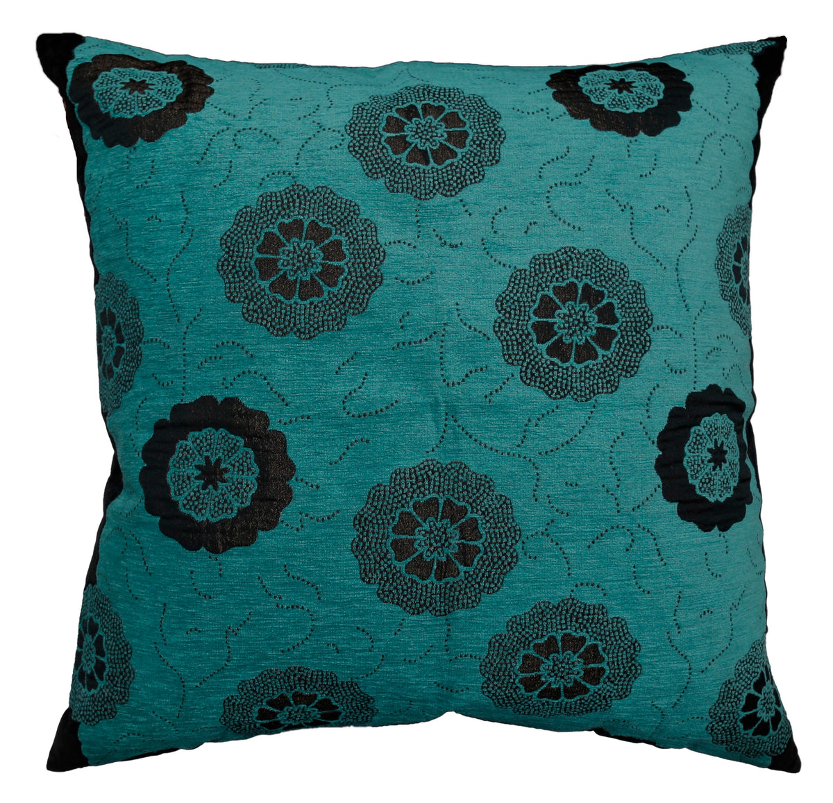Teal cushion cover with a black flocked floral medallion pattern and black corner accents
