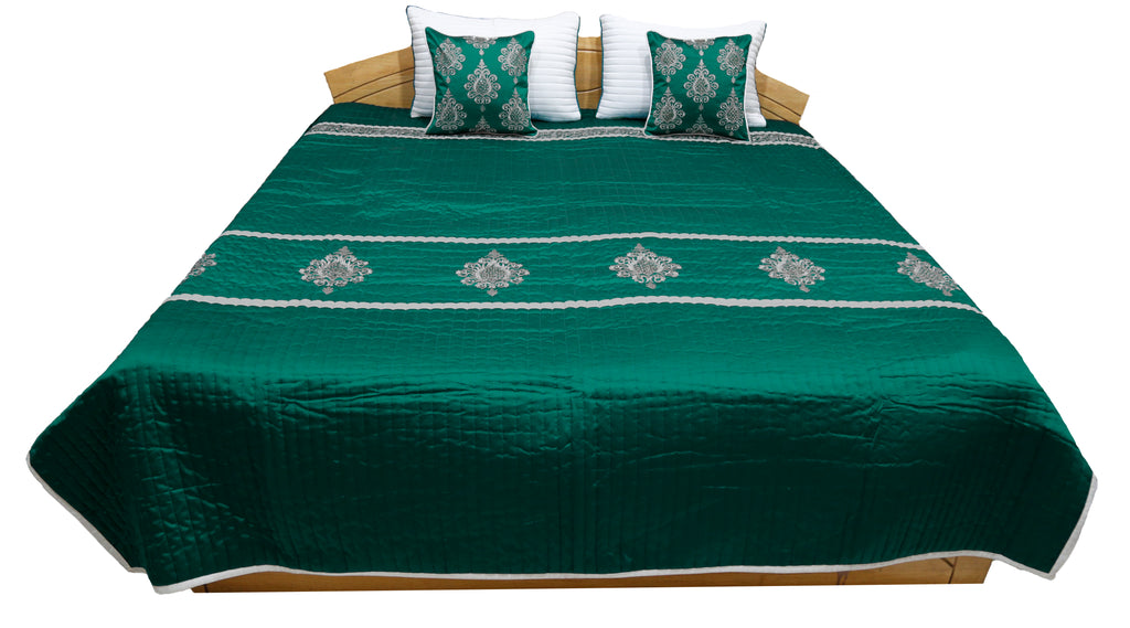 Sequence Embroidery PolySilk Quilted BedCover Set-(1 bedcover+ 2 Pillow Covers + 2 Cushion Covers) - Jagdish Store Online Since 1965