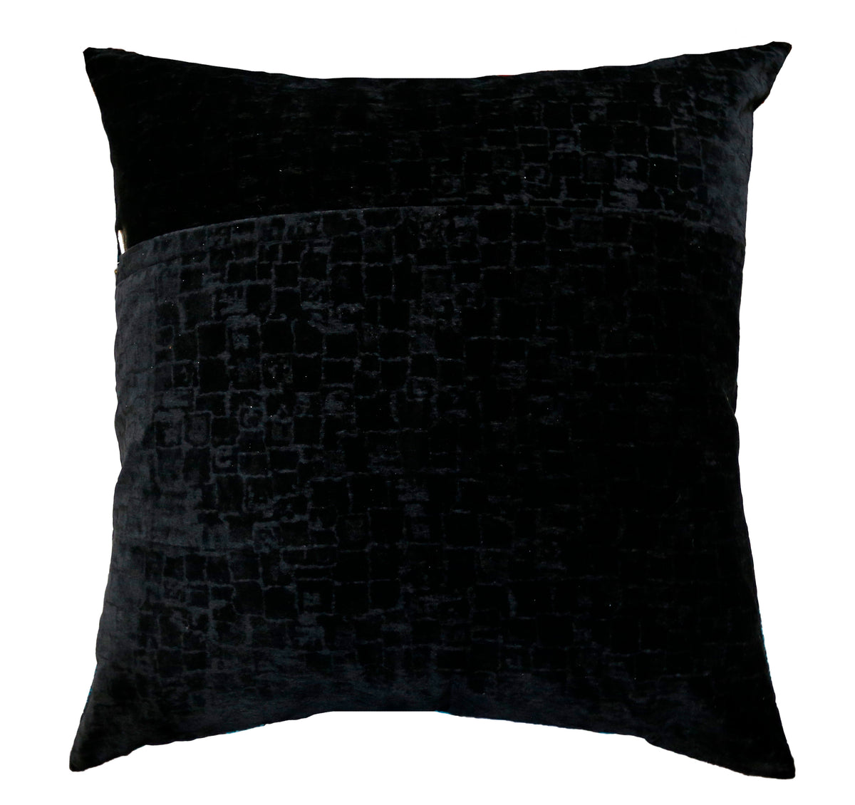 Plain black textured velvet reverse with an embossed square pattern, concealed zip