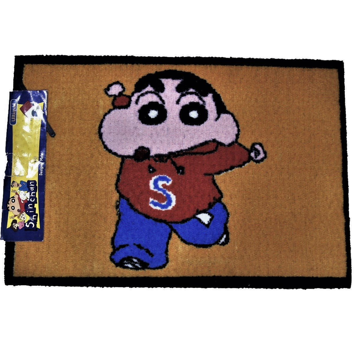Tan kids play mat with a cartoon superhero boy, shown flat with retail tag, 45x75 cm