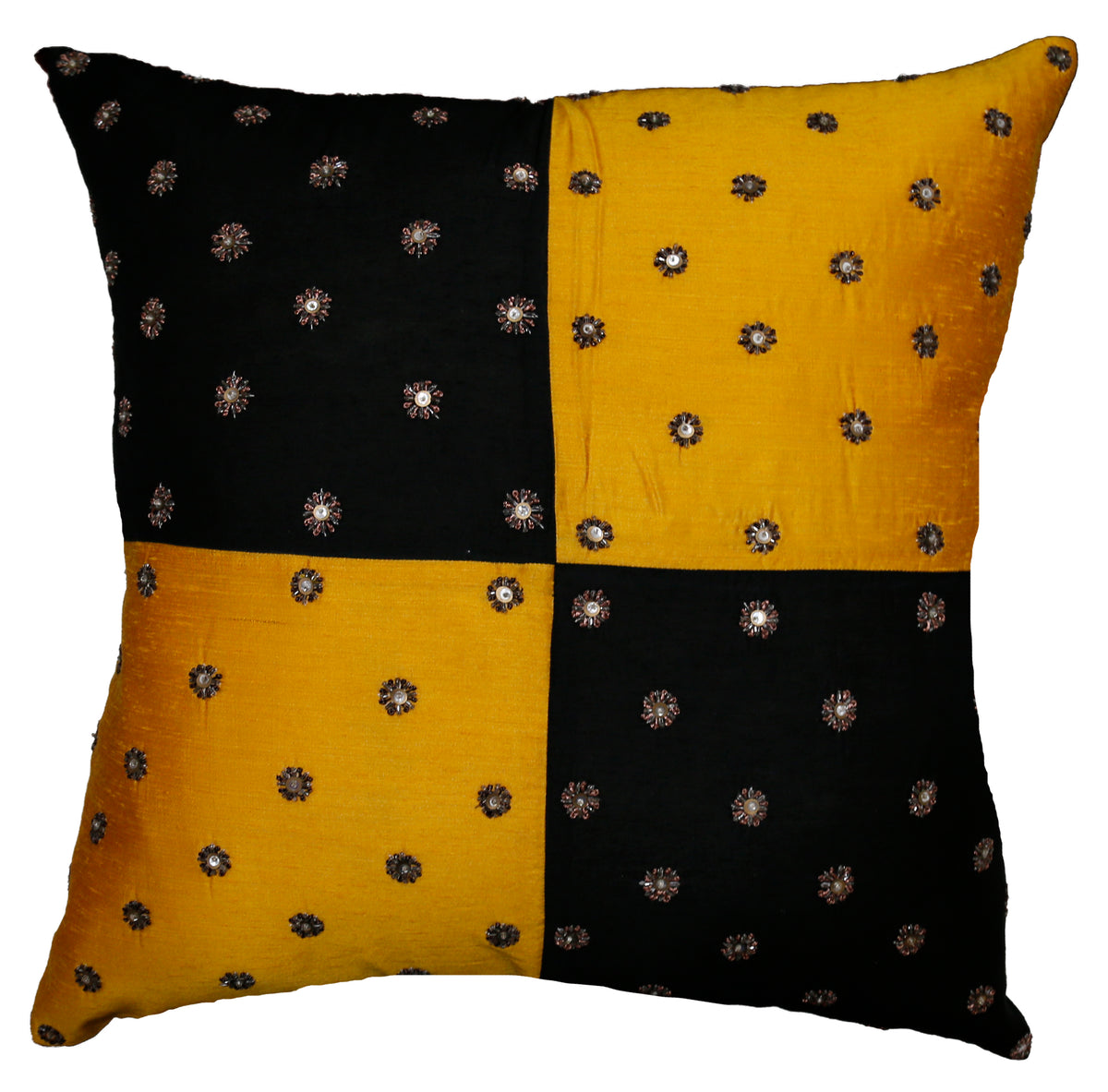 Black and mustard-yellow colour-block cushion cover with beaded flower embellishments on both colours