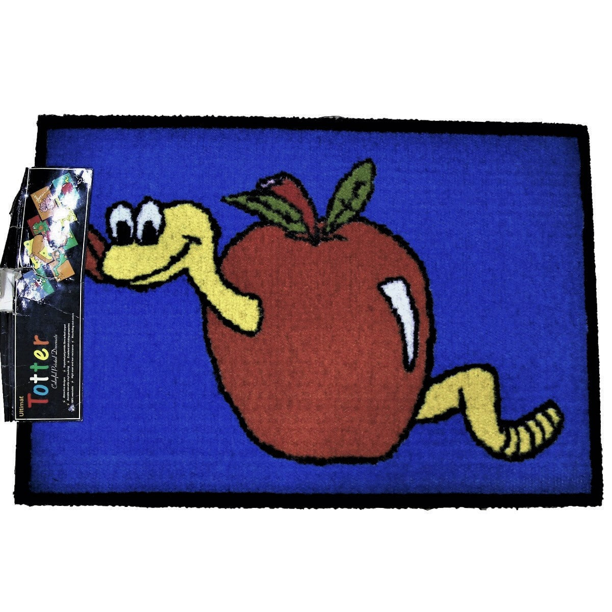 Blue kids play mat with a red apple and a smiling yellow worm, shown flat with retail tag, 45x75 cm