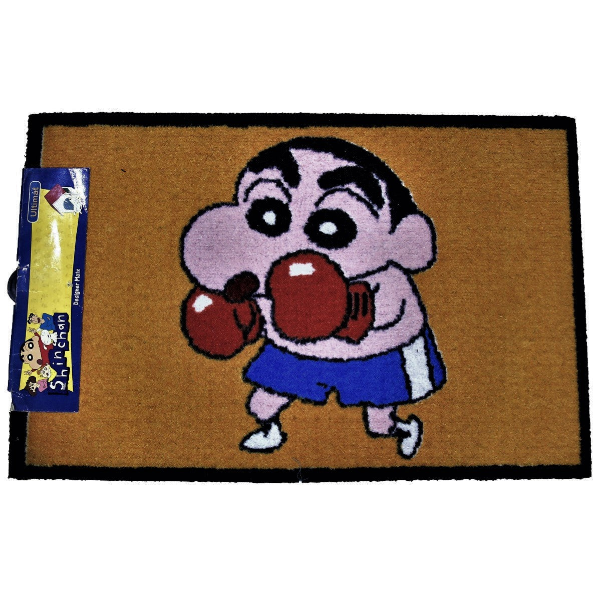 Tan kids play mat with a cartoon boxing boy, shown flat with retail tag, 45x75 cm