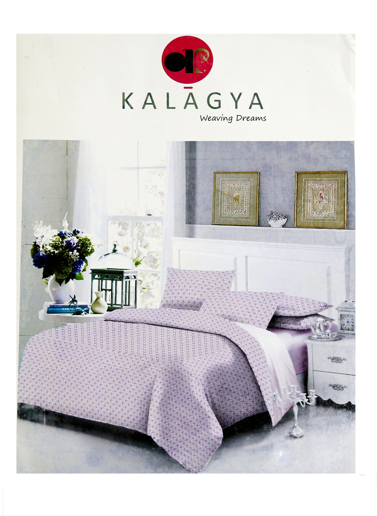 Kalagya Weaving Dreams packaging showing a lavender-white bedsheet set with a small pink and purple diamond-lattice print, styled on a bed with a floral nightstand display
