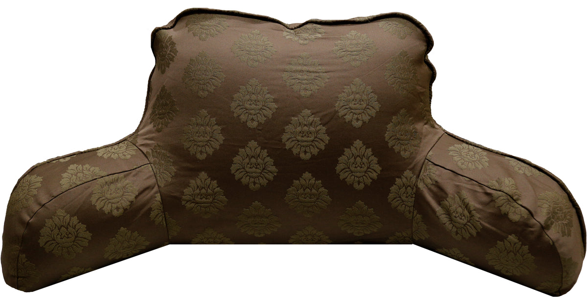 Bedrest reading cushion in a brown damask jacquard fabric, front view