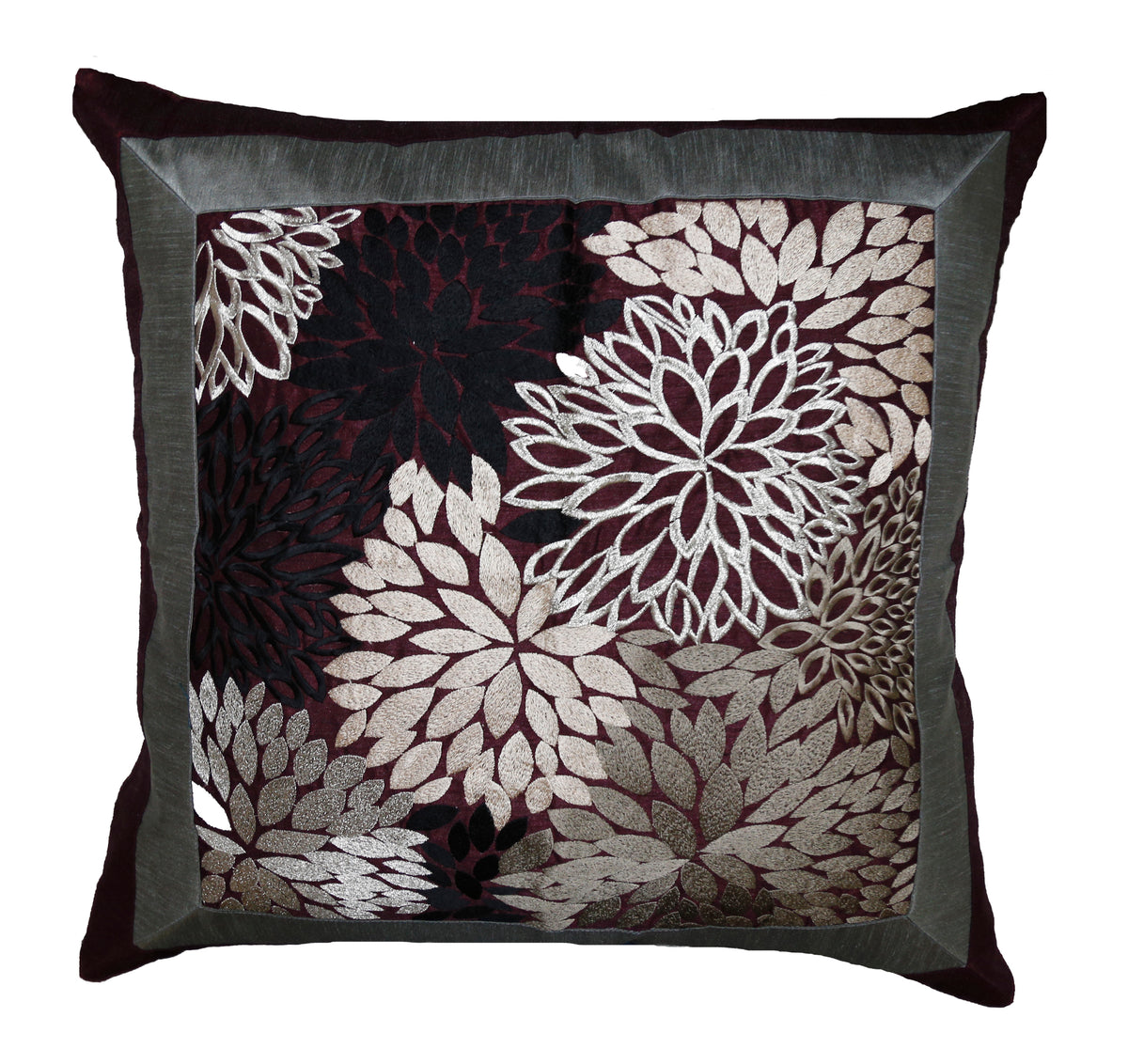 Wine-maroon cushion cover with a large grey-silver dahlia floral applique medallion, framed by a grey border
