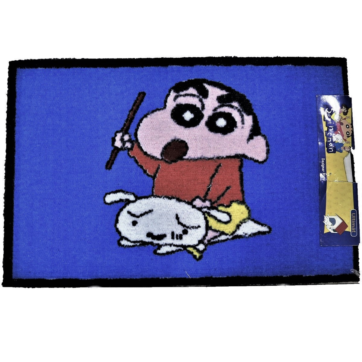Blue kids play mat with a cartoon boy and a small white dog, shown flat with retail tag, 45x75 cm