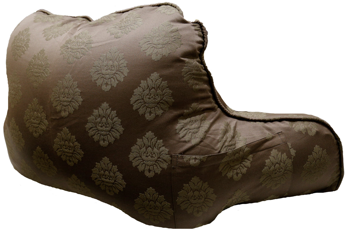 Same brown damask bedrest cushion, side angle showing the armrests
