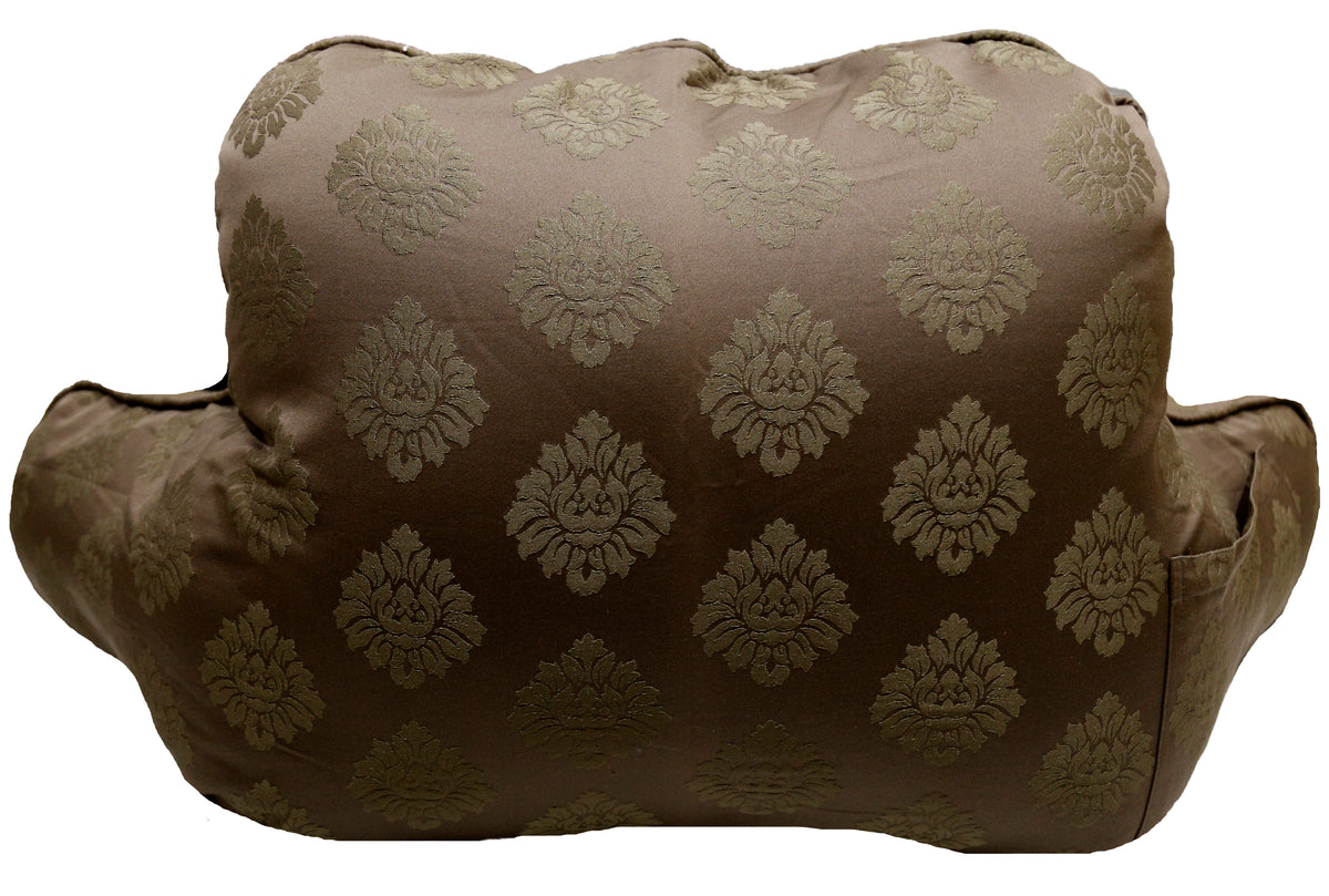 Same brown damask bedrest cushion, back view