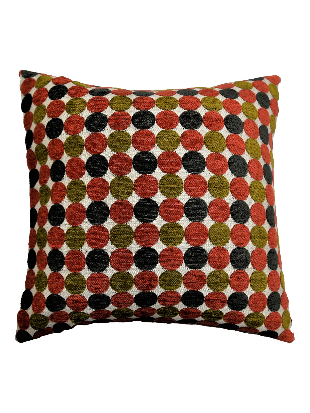 Rust, olive and black polka-dot chenille cushion cover on an ivory ground