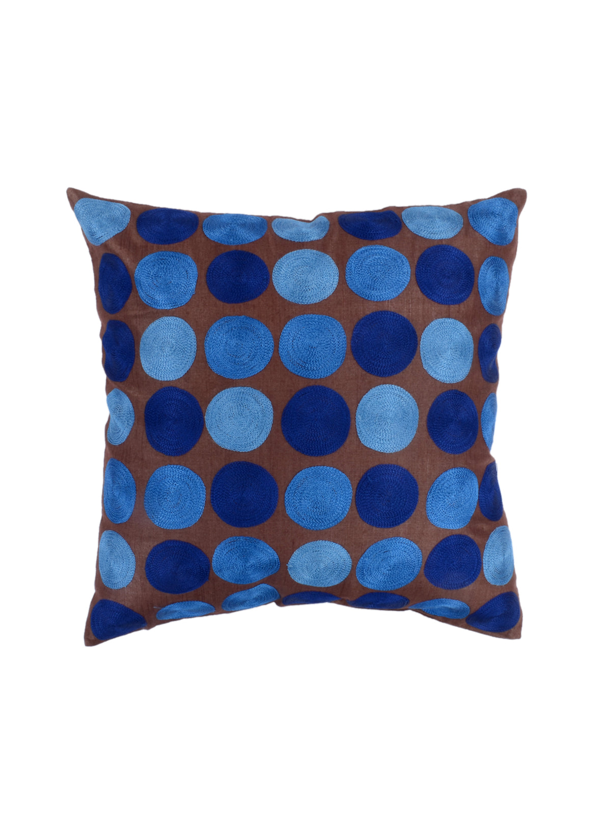 Brown dupion silk cushion cover with blue and pale blue polka dot circles