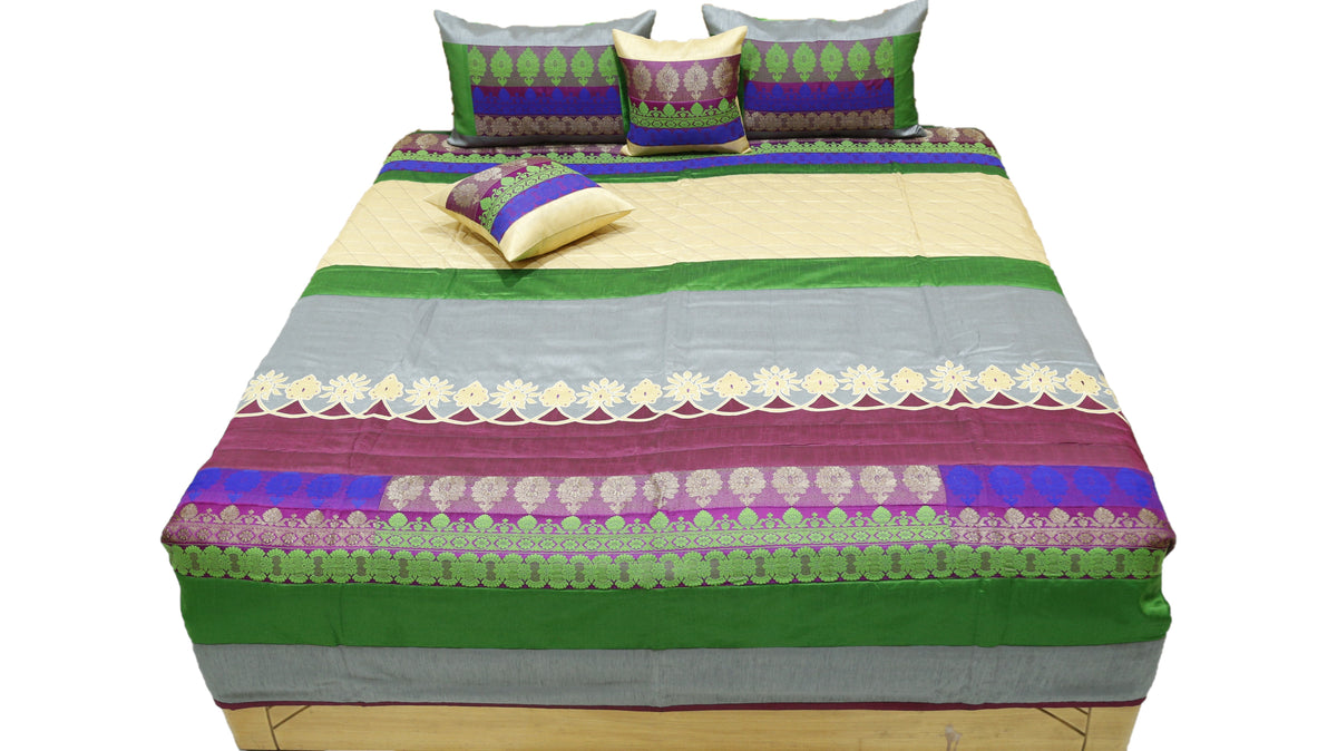 Brocade panel bedcover with cream cutwork scallop and zari bands, straight view