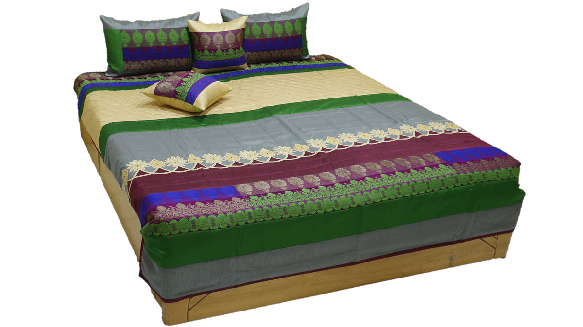 Banarasi brocade panel bedcover in grey, green and magenta, angled view