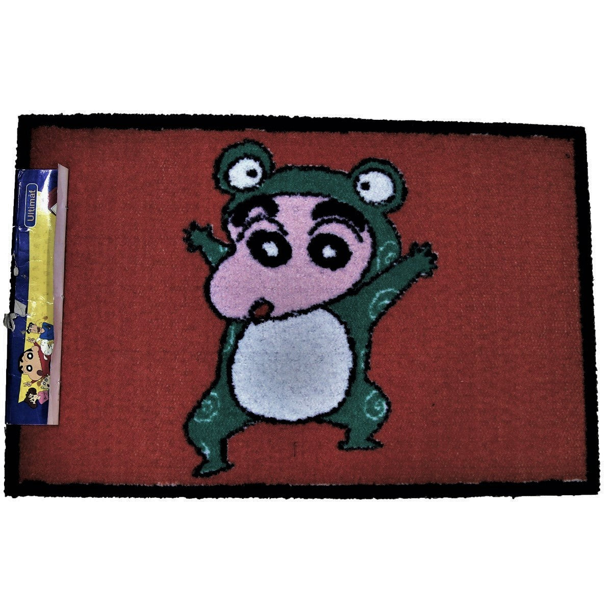 Red kids play mat with a cartoon boy in a green frog costume, shown flat with retail tag, 45x75 cm