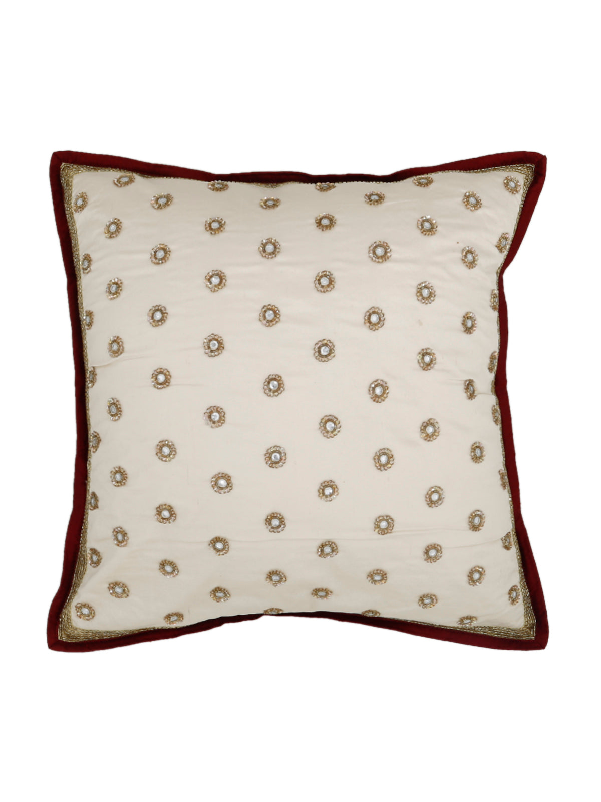 Ivory dupion silk cushion cover with scattered sequin flower motifs and maroon piping