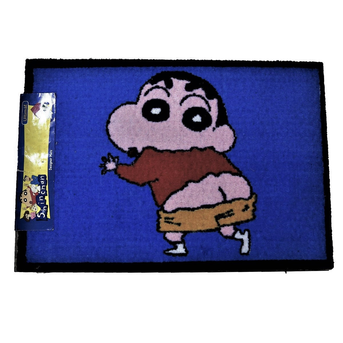 Blue kids play mat with a cartoon boy walking, shown flat with retail tag, 45x75 cm