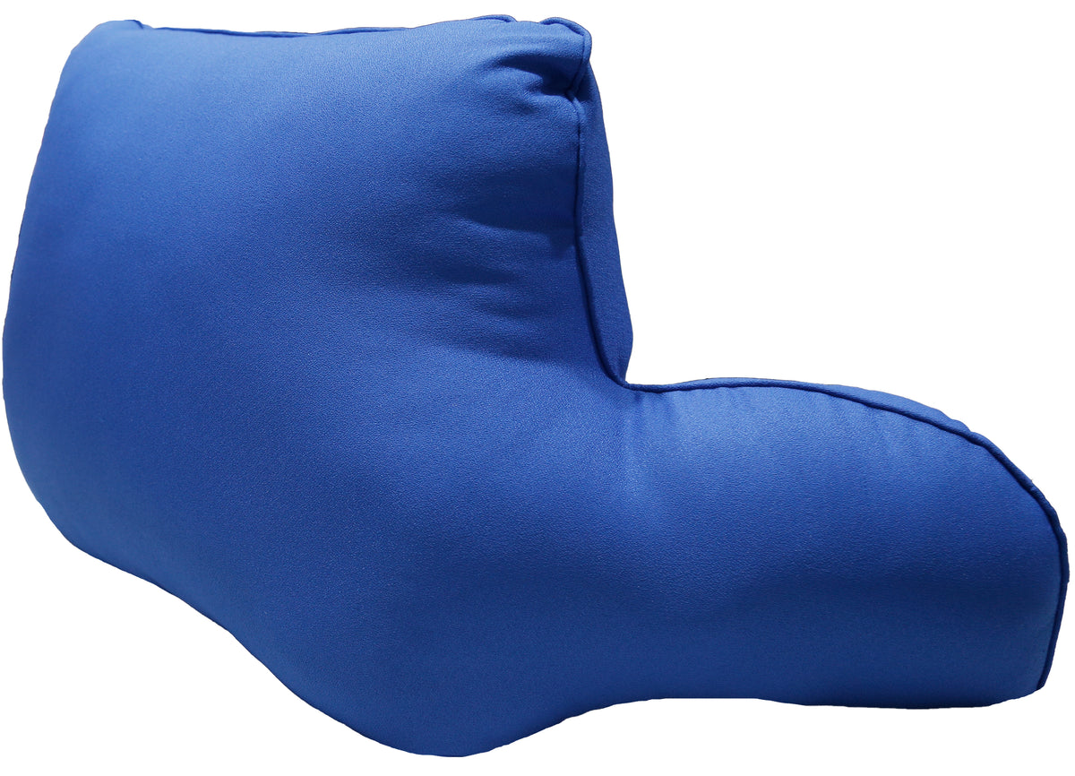 Same royal blue bedrest cushion, side angle showing the armrests