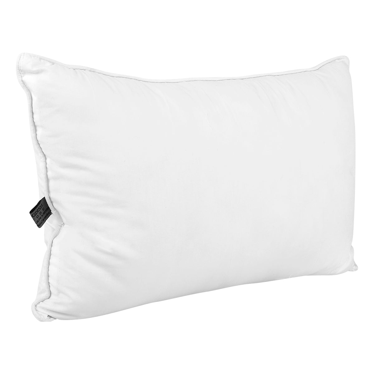 White piped polyfill pillow insert upright, with a black brand tag on the seam