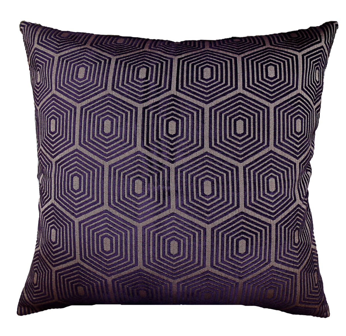 Purple cushion cover with a taupe-grey hexagon geometric jacquard weave