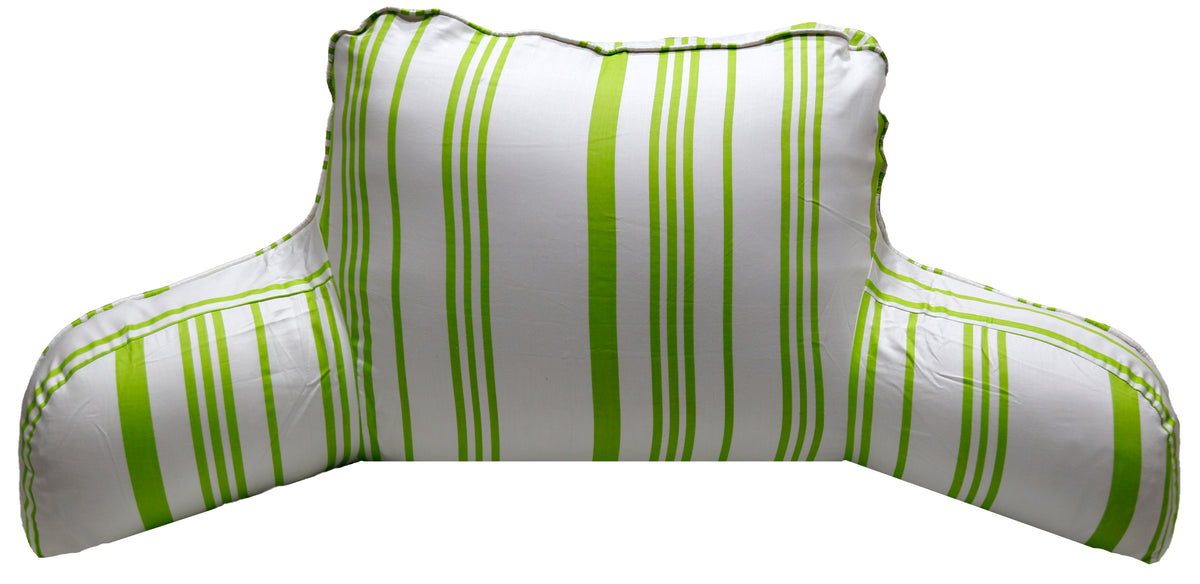 Bedrest reading cushion in white and green striped cotton, front view