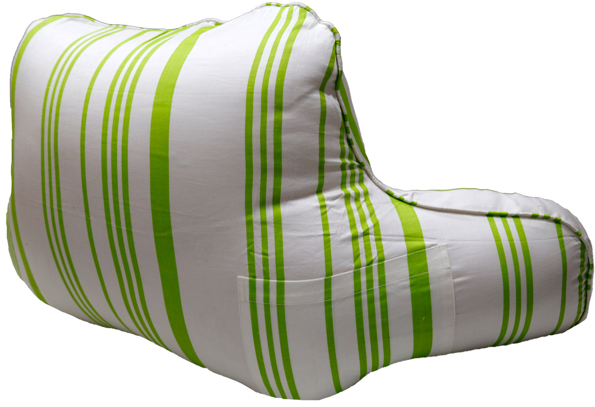 Same white and green striped bedrest cushion, side angle showing the armrests