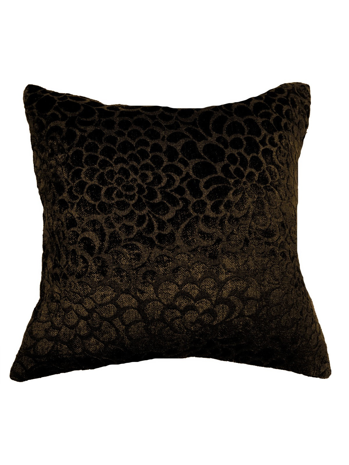Near-black espresso-brown velvet cushion cover with a subtle floral burnout pattern