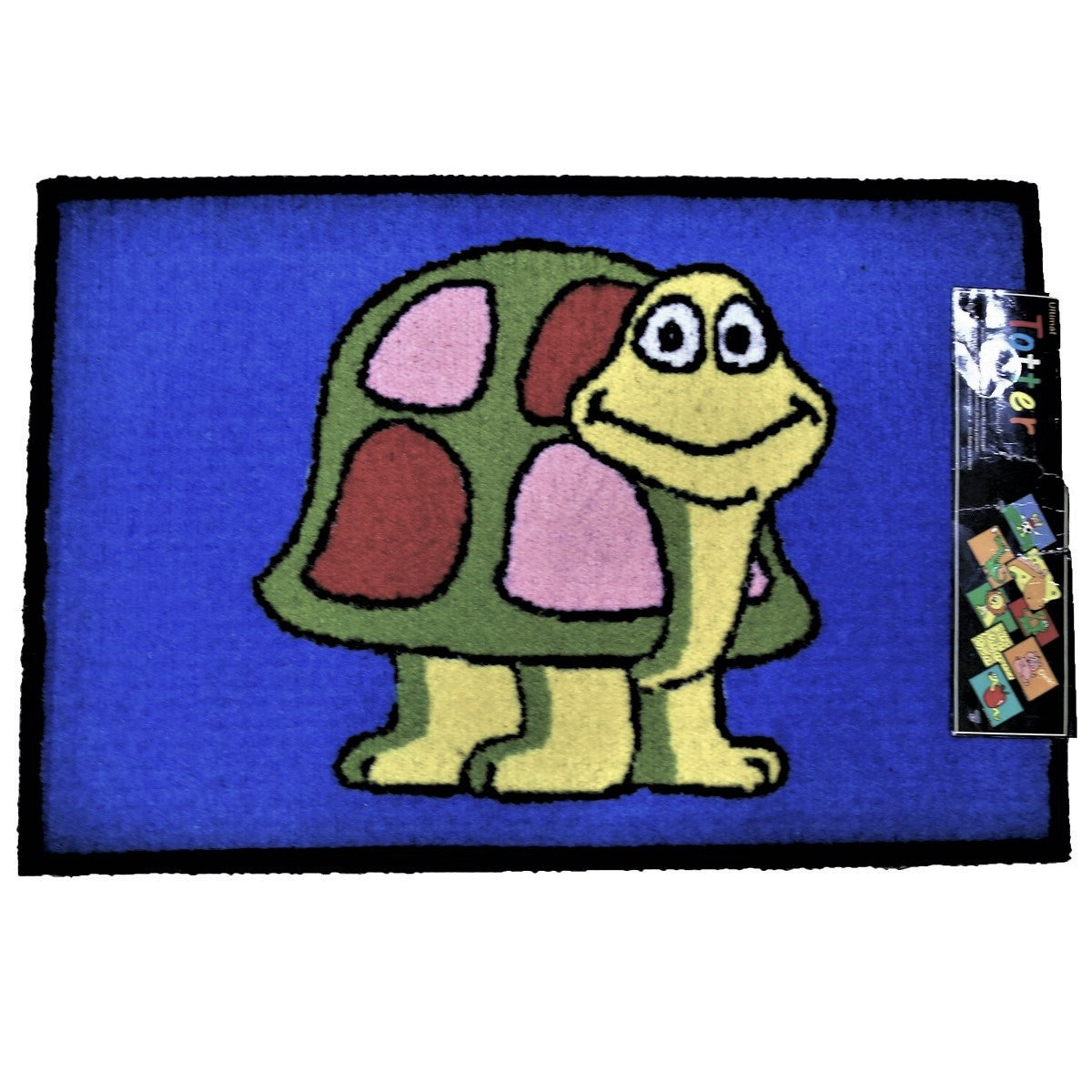Blue kids play mat with a cartoon turtle, shown flat with retail tag, 45x75 cm