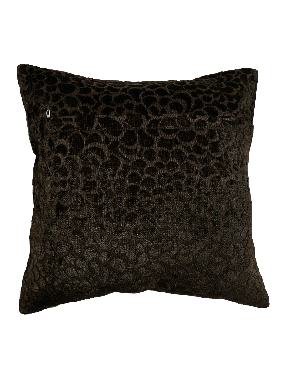 Same espresso-brown floral burnout velvet on the reverse, concealed zip