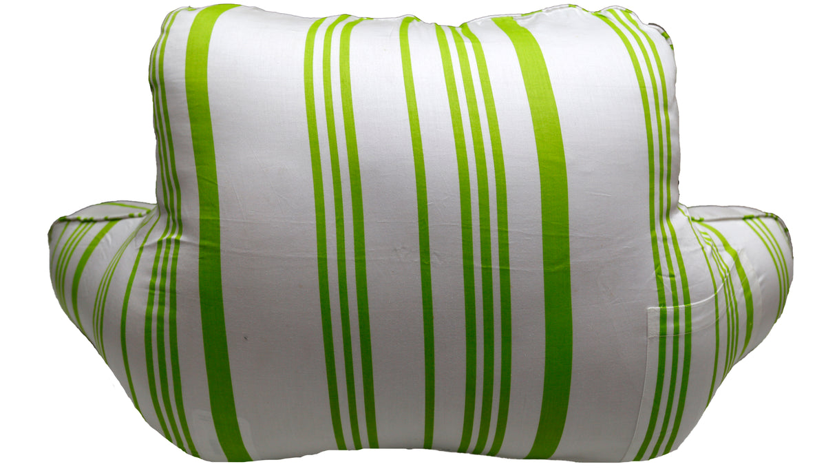Same white and green striped bedrest cushion, back view