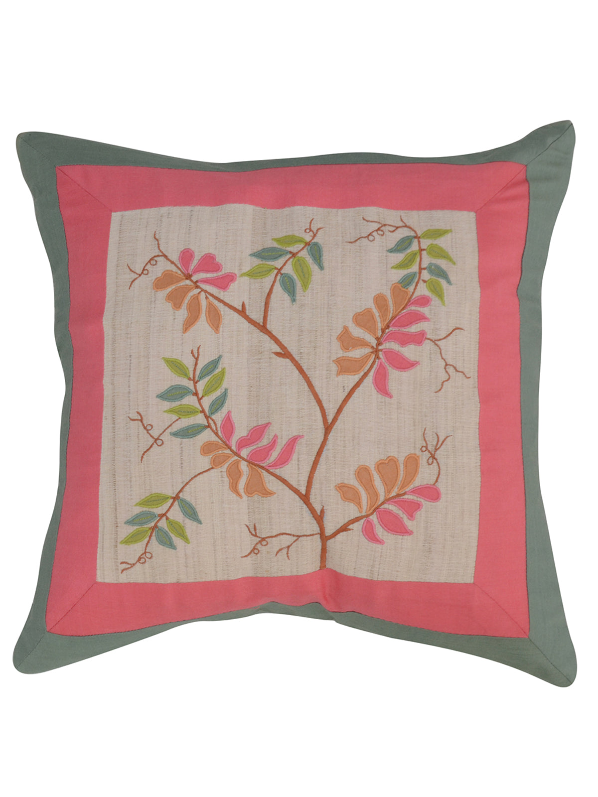 Ivory cushion cover with a multicolour embroidered leafy branch, coral and sage borders