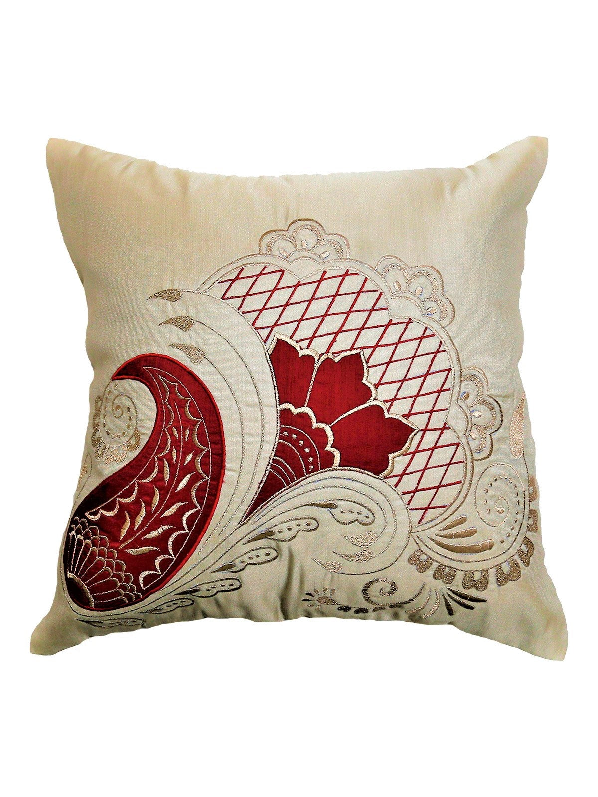 Ivory cushion cover with a red and gold paisley-fan embroidered applique